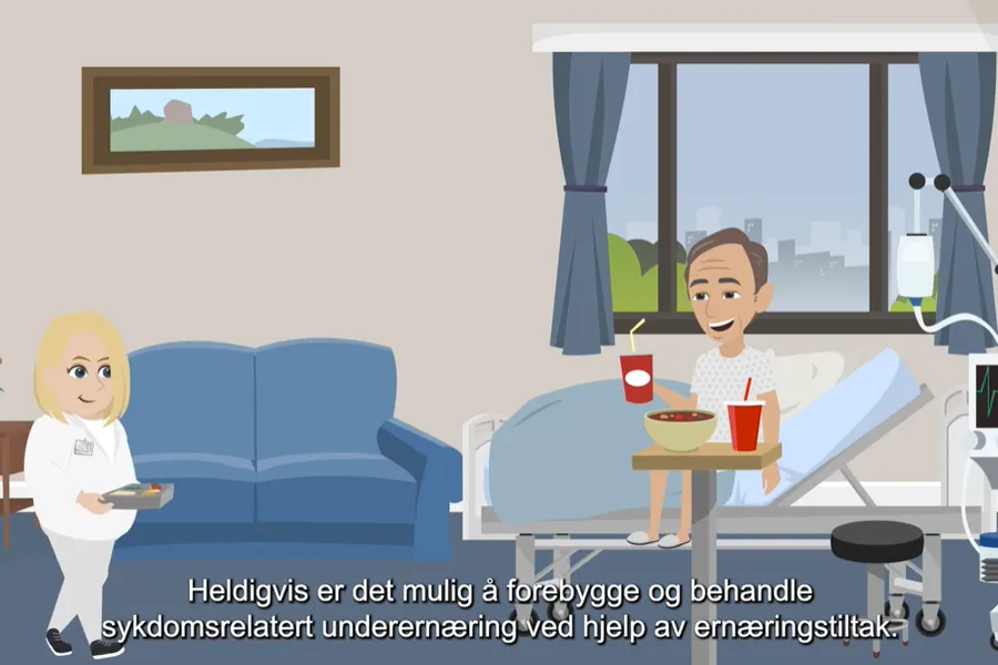 En tegning av en mann som sitter i en sykeseng hjemme med brus og mat i bolle. En sykepleier går mot ham. Teksten under leser "Heldigvis er det mulig å forebygge og behandle sykdomsrelatert underernæring ved hjelp av ernæringstiltak"..