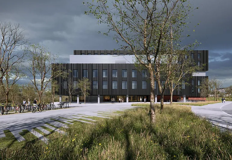 Bildet viser en skisse av det planlagte Livsvitenskapsbygget i Oslo.