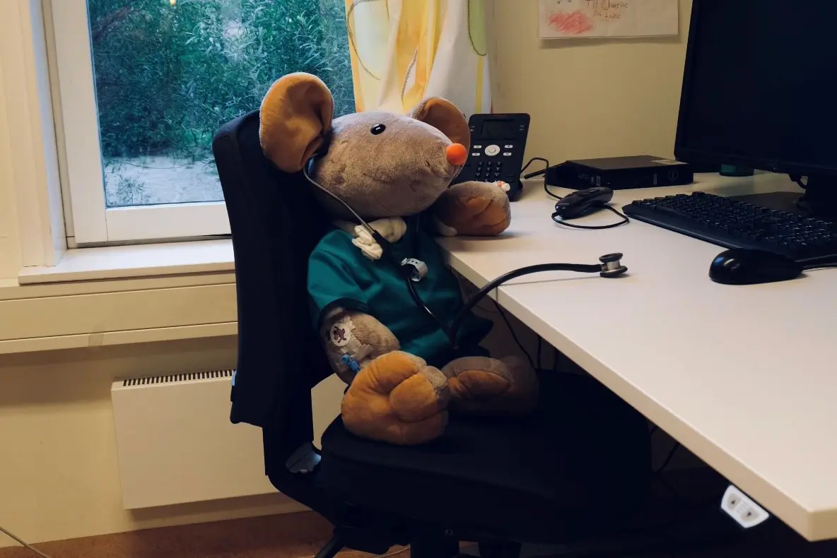 Sykehusmusa Rasmus sitter ved et skrivebord og lytter til bordet med et stetoskop.