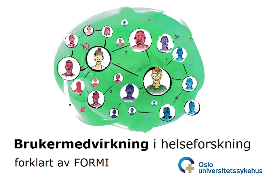En tegning av en hjerne med masse ansikter plassert i et nettverk. Under står teksten "Brukermedvirkning i helseforskning forklart av FORMI" og OUS sin logo.