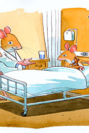 Et barns soverom med en seng og en tegneserie av en hund