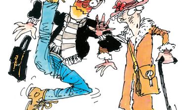Illustrasjon av en mann som sklir og en dame som går forsiktig med stokk ved siden av.