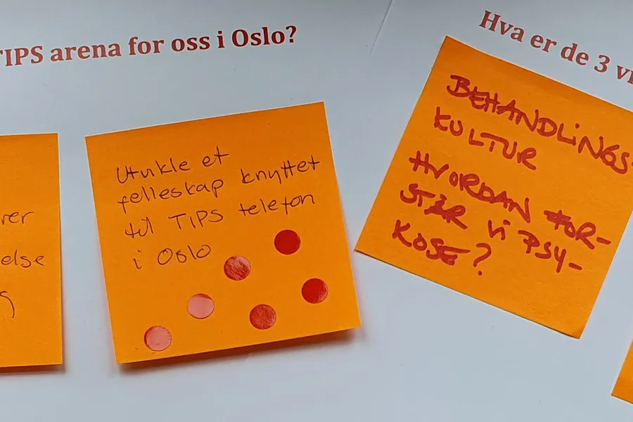 En gruppe oransje papir med skriving