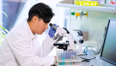 scientist looking into a microscope, illustration photo
