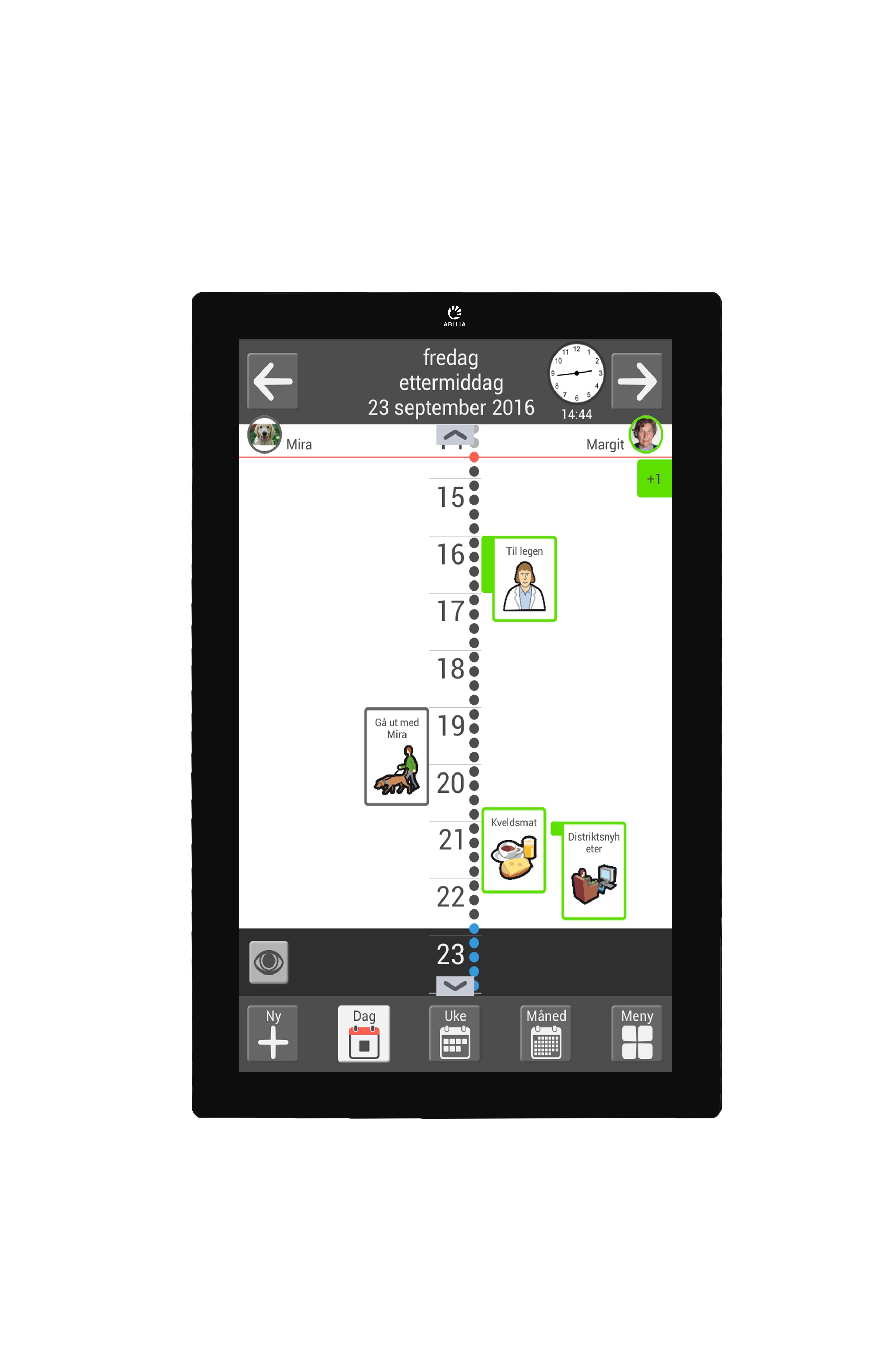 tavle som viser klokkeslett og aktivitet