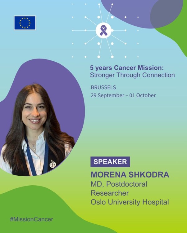 poster til 5 years cancer mission with green and blue colours and a woman smiling