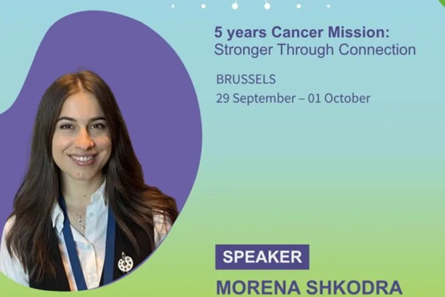 poster til 5 years cancer mission with green and blue colours and a woman smiling