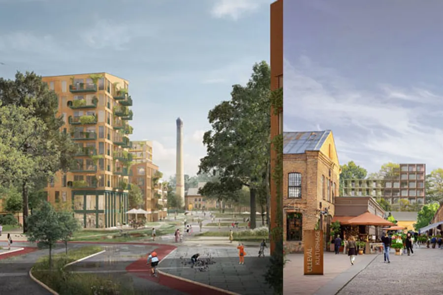 En gårdsplass med bygninger og trær