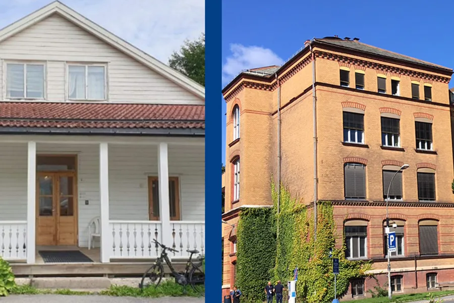 En bygning med en sykkel foran