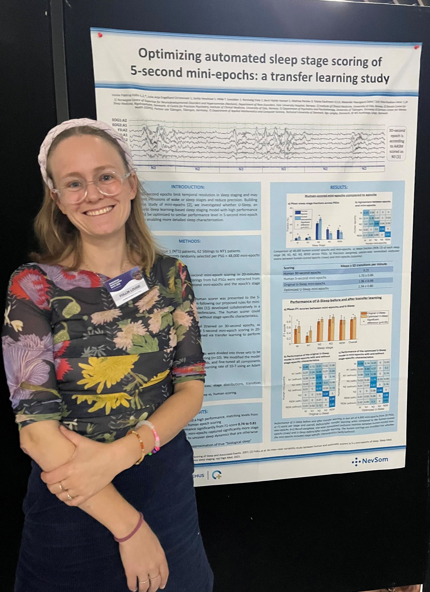 En person som smiler foran en plakat