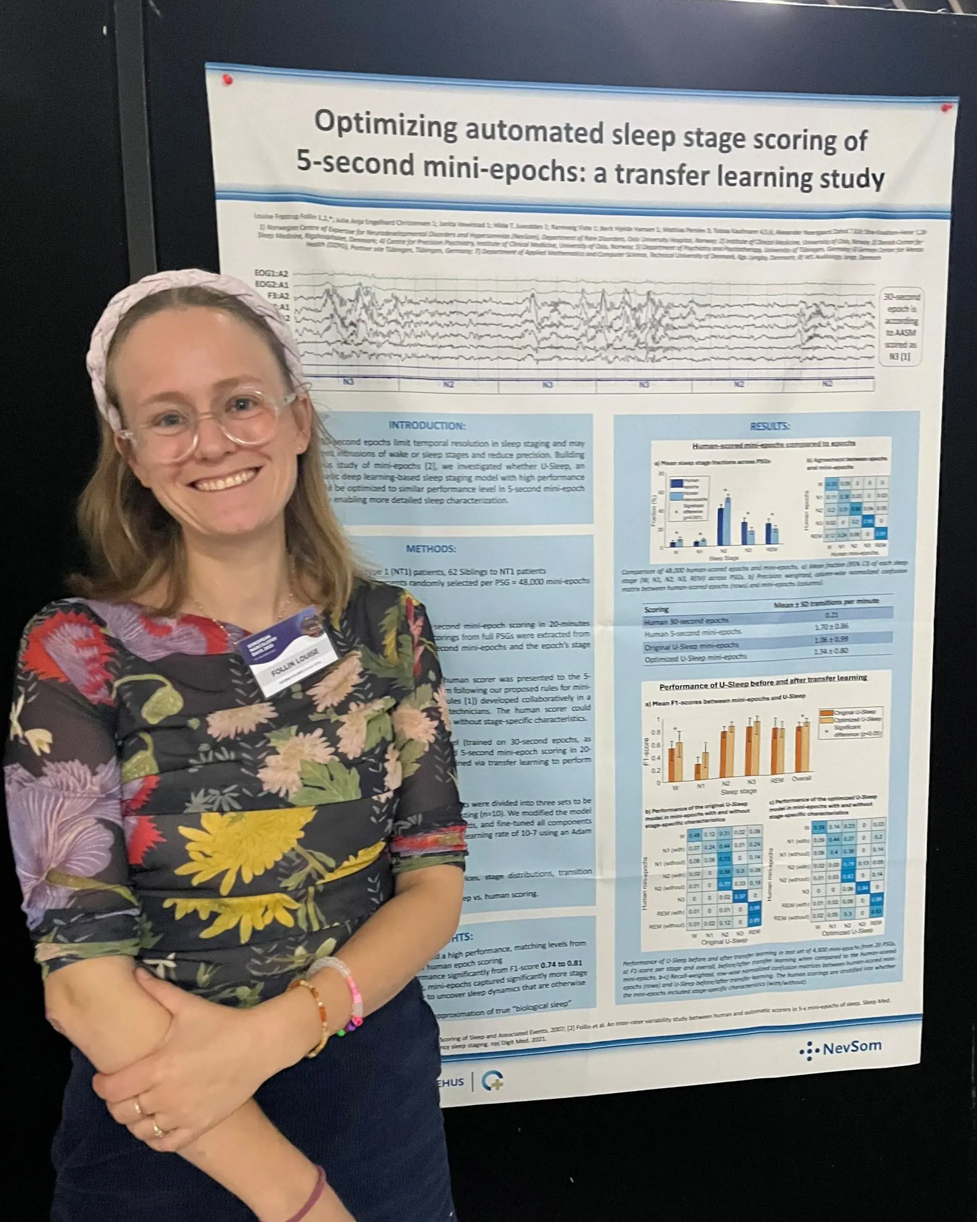 En person som smiler foran en plakat