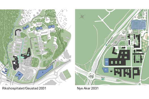 Illustrasjonsbilde som viser sykehusområdet Rikshospitalet/Gaustad og Aker ved siden av hverandre. Tomtene som er regulert for videre utbygging er markert.
