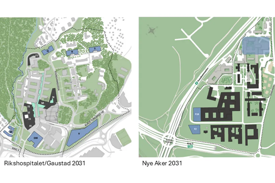 Illustrasjonsbilde som viser sykehusområdet Rikshospitalet/Gaustad og Aker ved siden av hverandre. Tomtene som er regulert for videre utbygging er markert.