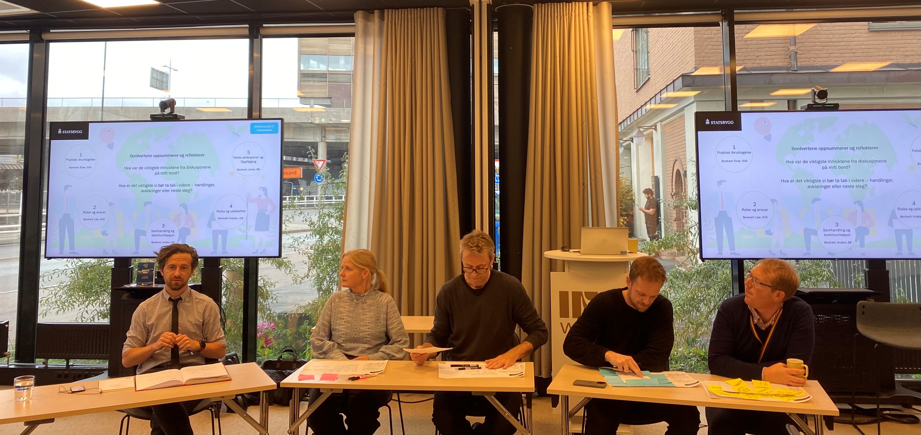 En gruppe mennesker som sitter ved et bord foran en skjerm