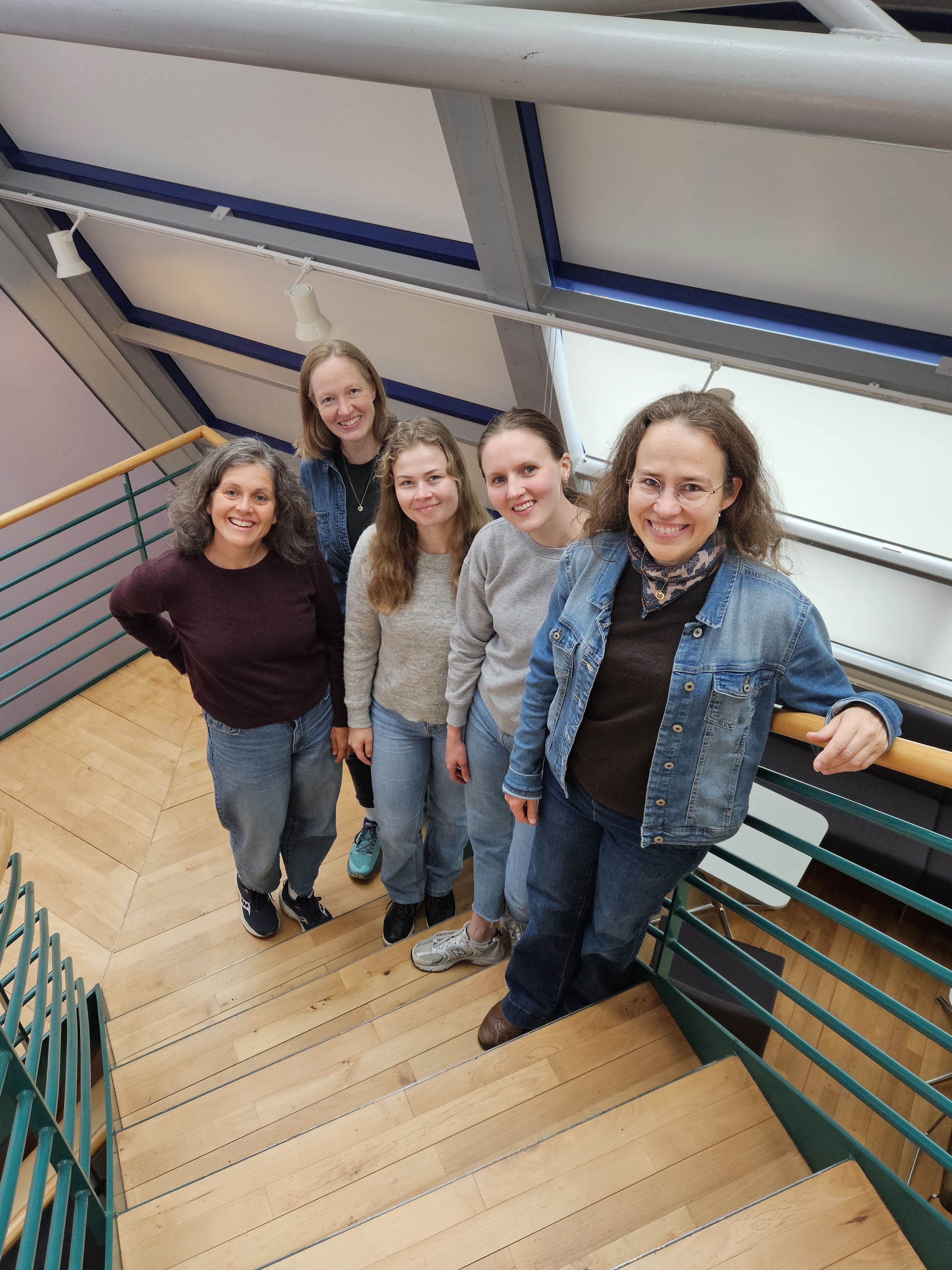 Ansatte i tjenesten står i en trapp. Det er fem damer.