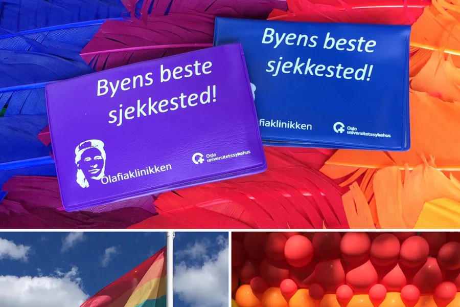 Olafiaklinikkens visittkort, med regnbuefargen som bakgrunn