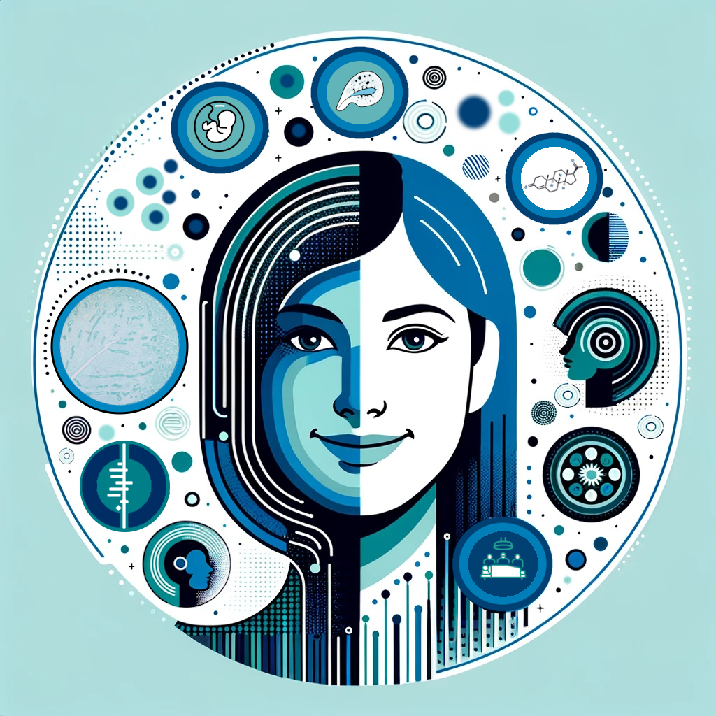 Generert av kunstig intelligens for OUS. Sirkel med et kvinneansikt med kvinnehelse symbolikk rundt