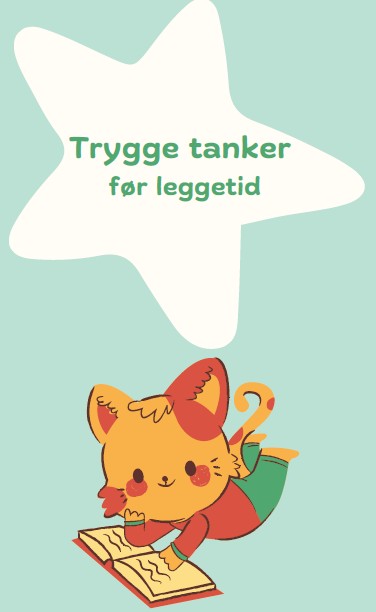 Illustrasjon av en katt som ligger og leser en bok, med en overskrift hvor det står Trygge tanker før leggetid.