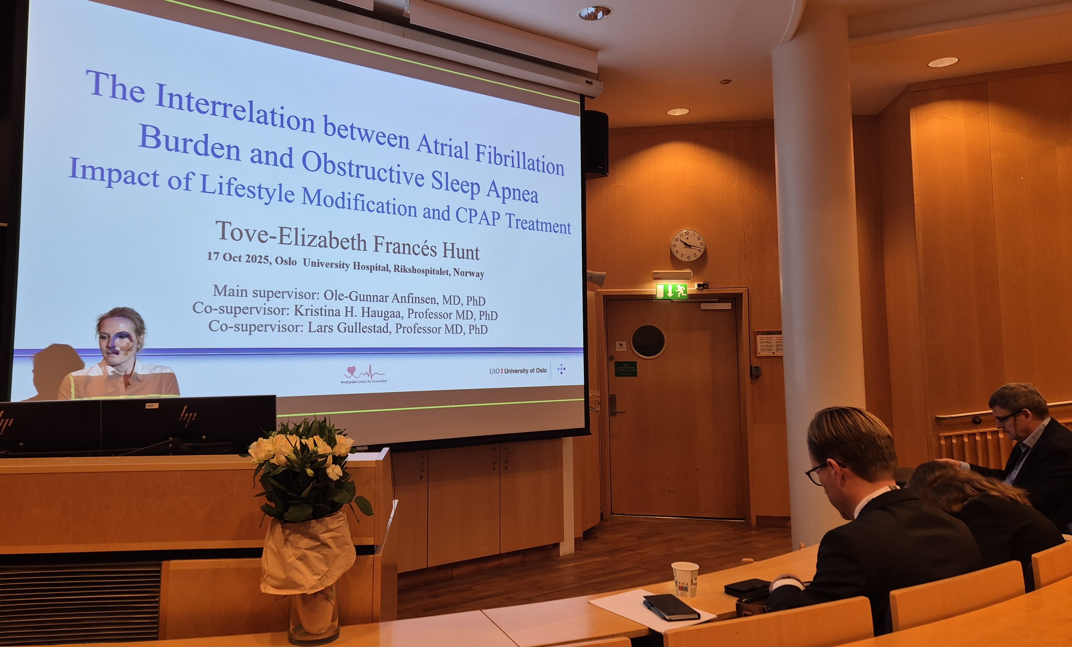 Tove presenting her trial lecture titeled "The interrelation between AF Burden and OSA: Impact of Lifestyle Modification and CPAP Treatment"