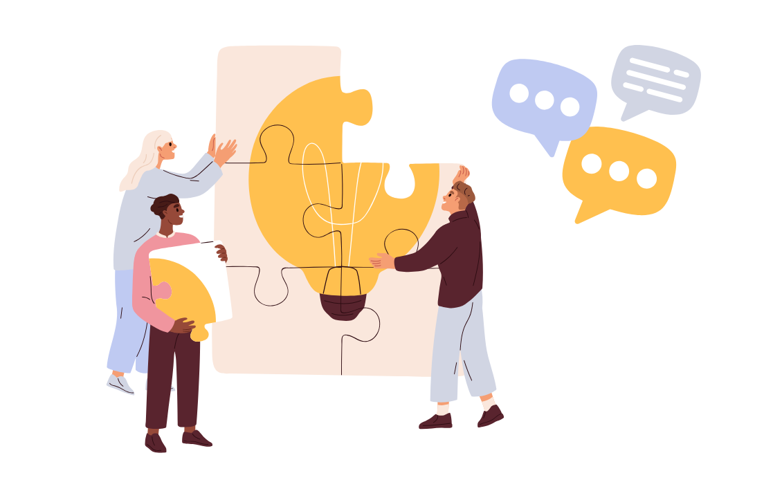 Illustrasjon av tre personer som samarbeider med å sette sammen et puslespill som viser en lyspære (idé)