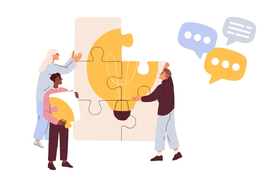 Illustrasjon av tre personer som samarbeider med å sette sammen et puslespill som viser en lyspære (idé)