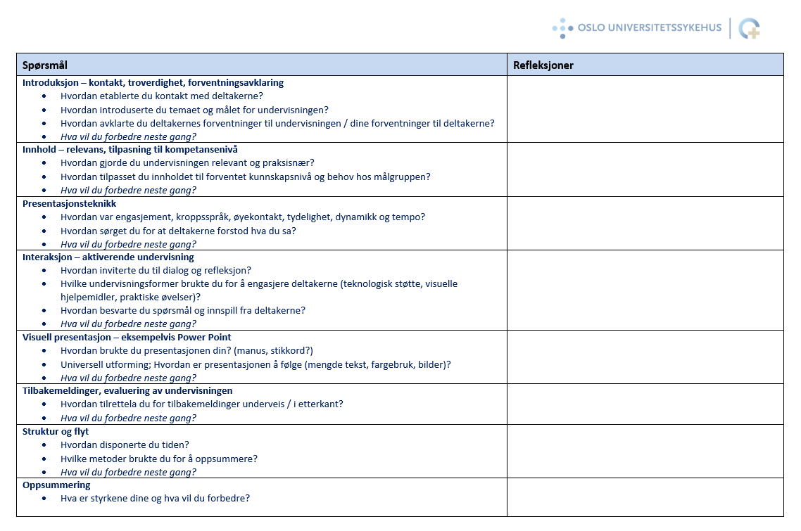 Utklipp fra en sjekkliste som kan være nyttig å tenke gjennom for alle som underviser
