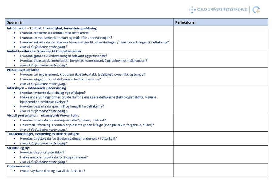 Utklipp fra en sjekkliste som kan være nyttig å tenke gjennom for alle som underviser