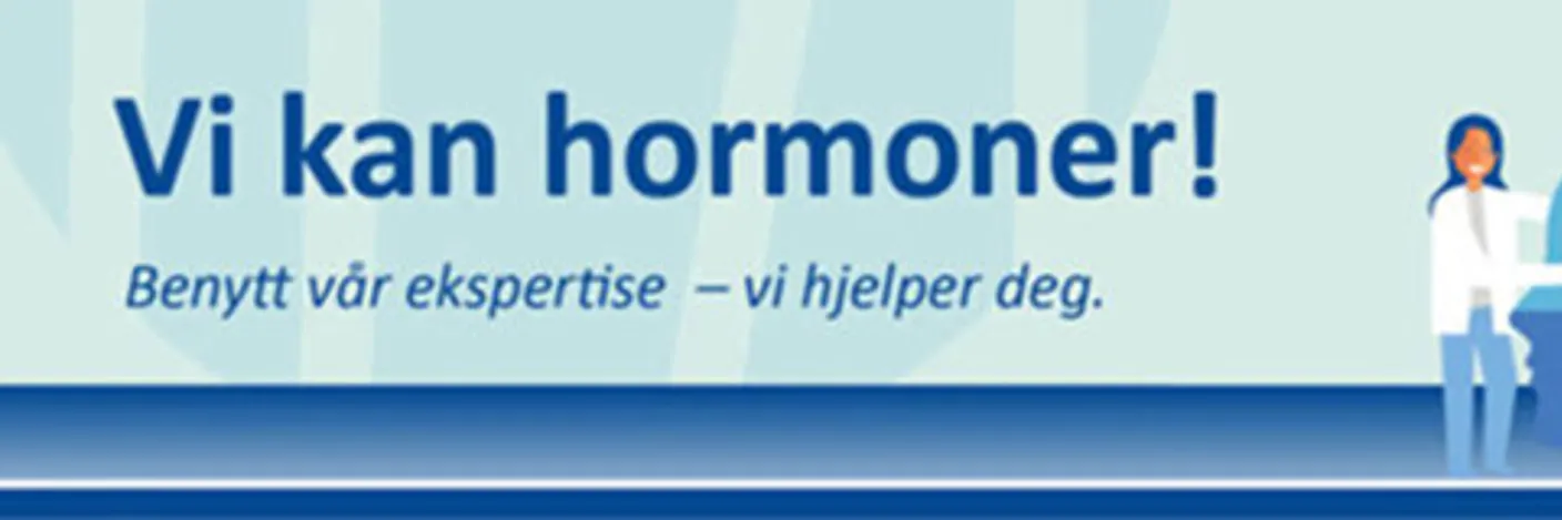 Hormonlaboratoriets logo og teksten "Vi kan hormoner! Benytt vår ekspertise - vi hjelper deg"