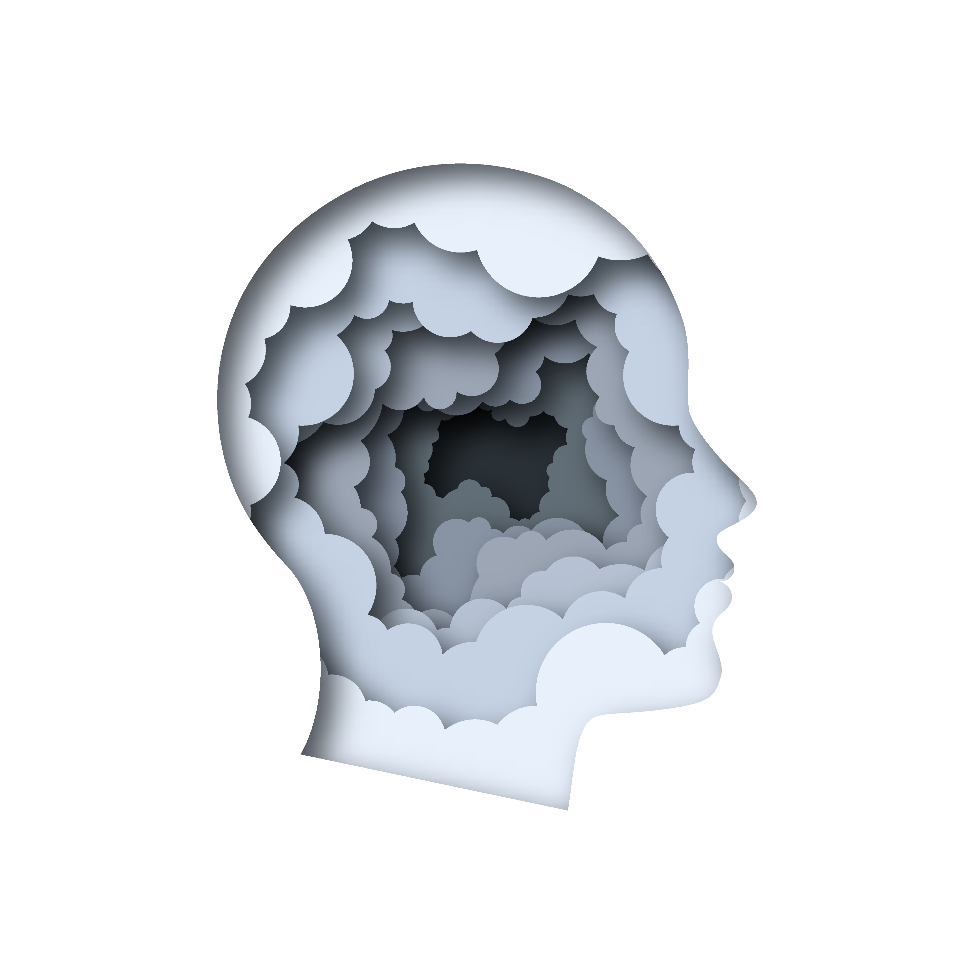 En hvit hjerne med svart bakgrunn