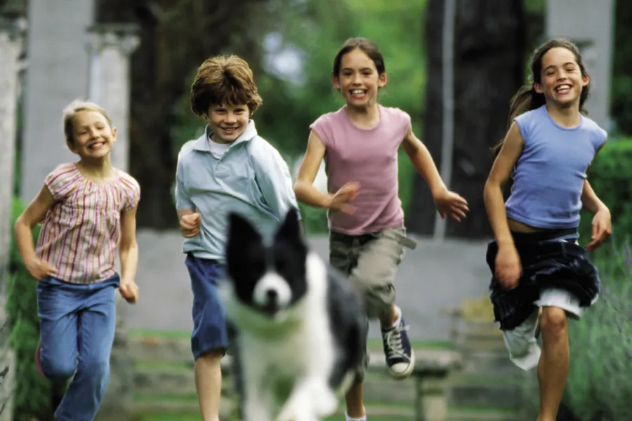 Fire barn løper med en hund