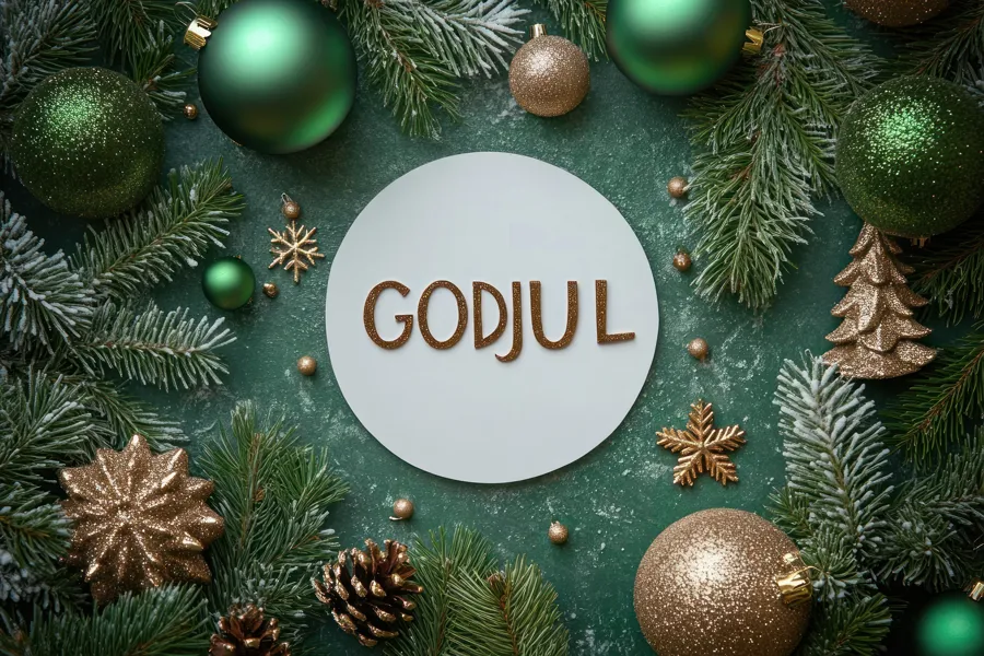Grønn julepynt og teksten god jul