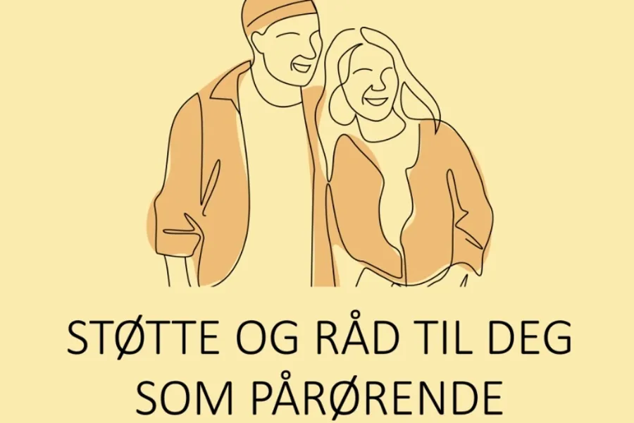 Tegning av en jente og en gutt som står inntil hverandre. En tekst under leser "Støtte og råd til deg som pårørende".