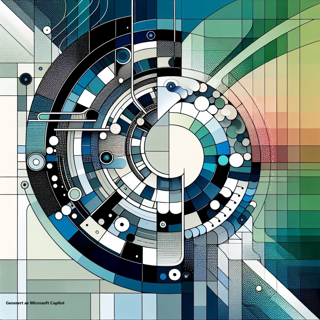 En spiral av farger og former basert på FNSP sitt profilprogram. Generert av Microsoft Copilot.