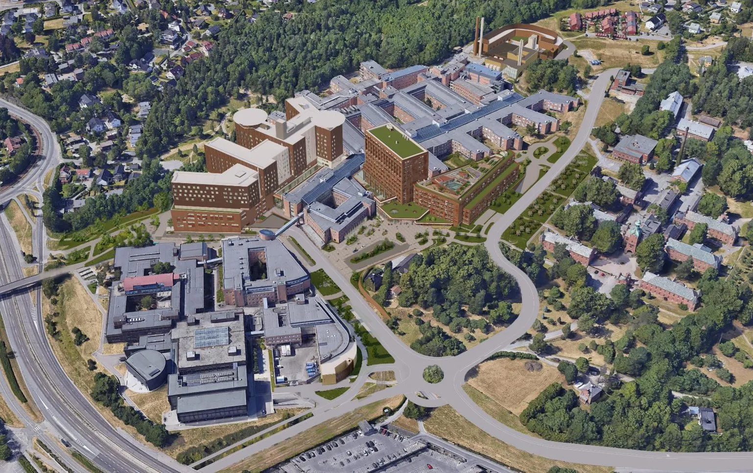 Skisse av Nye Rikshospitalet tatt i fugleperspektiv. Skissen viser hvordan området vil se ut i 2031, med de nye byggene på Rikshospitalet