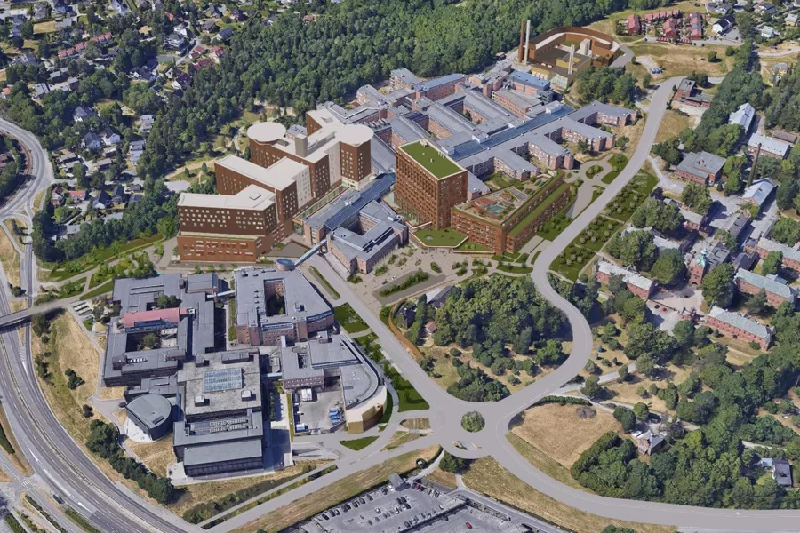 Skisse av Nye Rikshospitalet tatt i fugleperspektiv. Skissen viser hvordan området vil se ut i 2031, med de nye byggene på Rikshospitalet