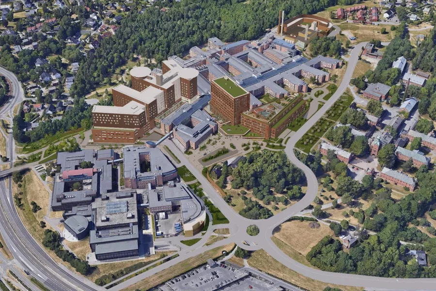 Skisse av Nye Rikshospitalet tatt i fugleperspektiv. Skissen viser hvordan området vil se ut i 2031, med de nye byggene på Rikshospitalet.