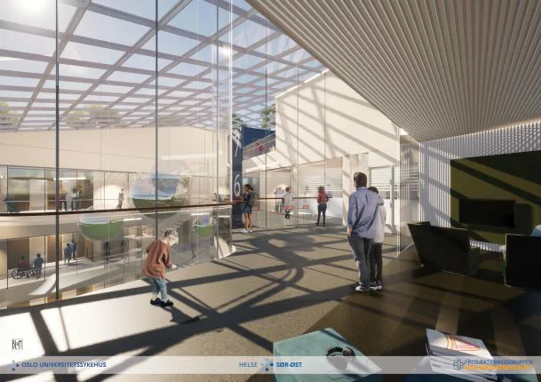 Illustrasjon som viser atrie med glasstak og høyt under taket. Det er også glassvegg med utsikt nedover etasjene under.