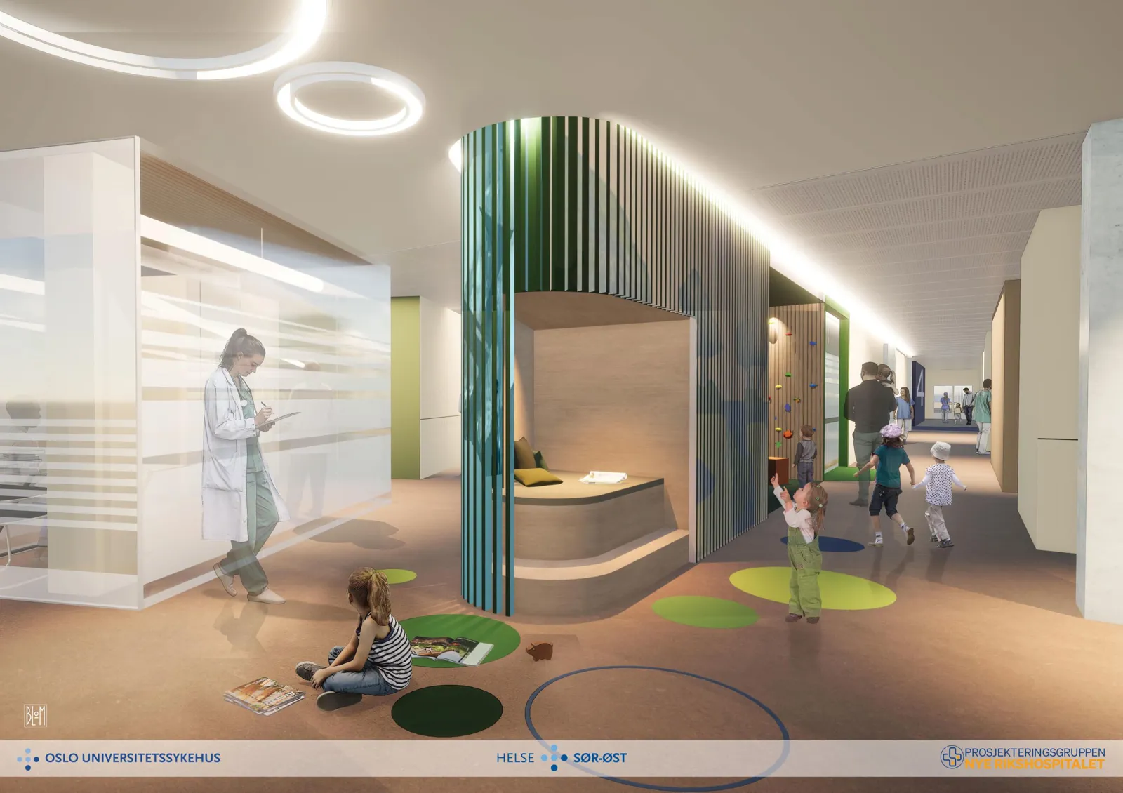 Illustrasjon som viser korridor i døgnområde, med lekeområde og moderne interiør.