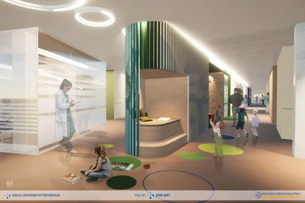 Illustrasjon som viser korridor i døgnområde, med lekeområde og moderne interiør.