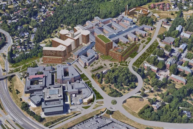 Skisse av Nye Rikshospitalet tatt i fugleperspektiv. Skissen viser hvordan området vil se ut i 2031, med de nye byggene på Rikshospitalet