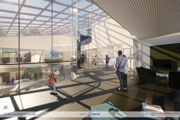 Illustrasjon som viser atrie med glasstak og høyt under taket. Det er også glassvegg med utsikt nedover etasjene under.